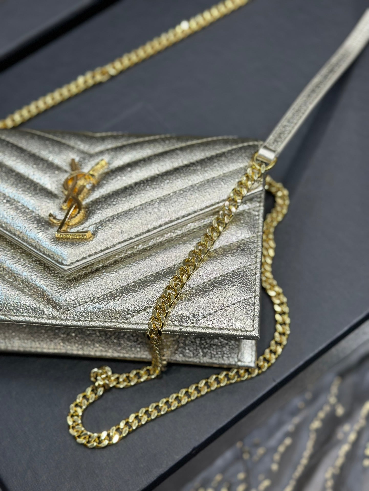 Saint Laurent Cassandre Matelassé Quilted Leather Wallet on Chain - Cream/Gold