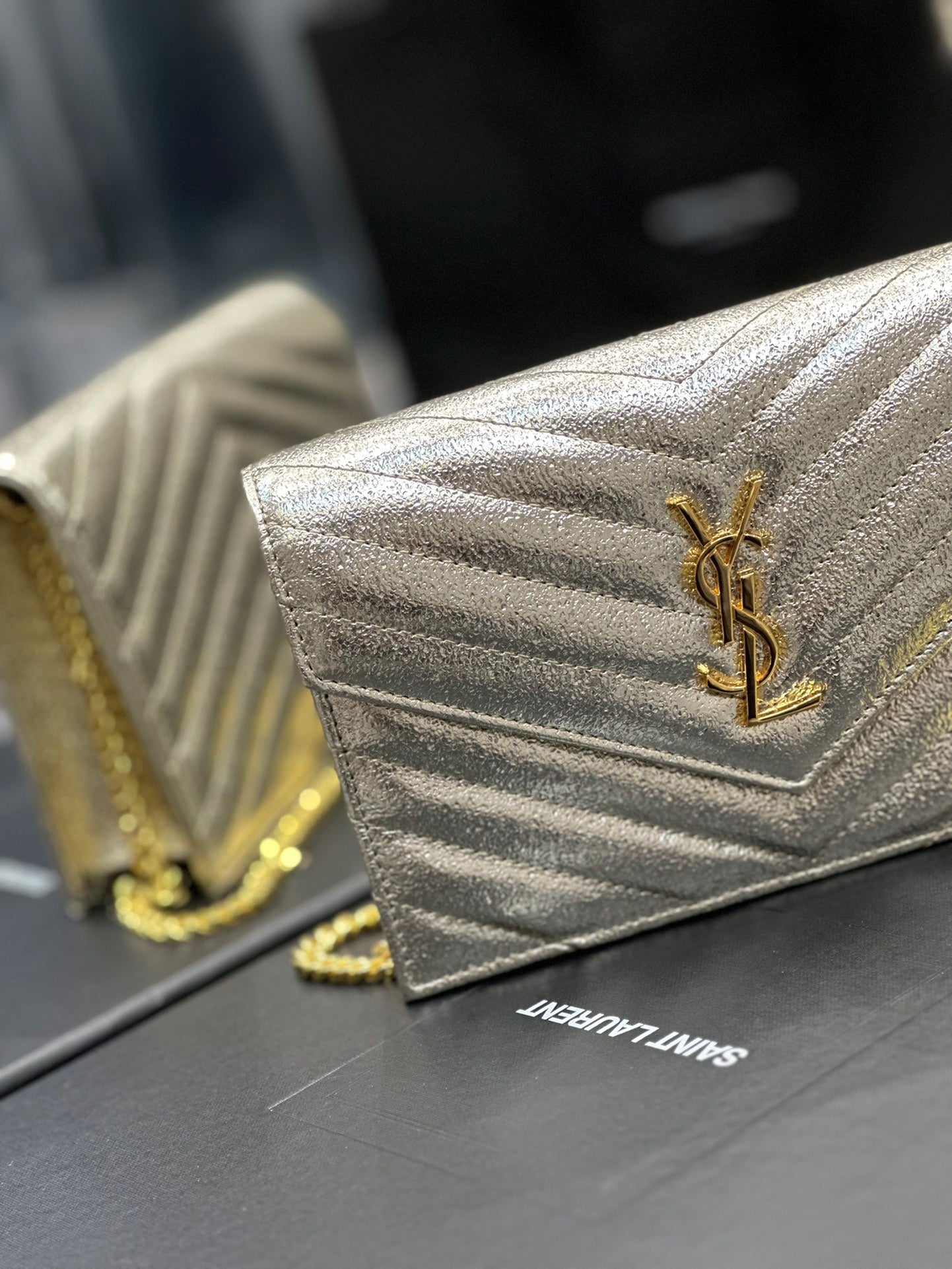 Saint Laurent Cassandre Matelassé Quilted Leather Wallet on Chain - Cream/Gold