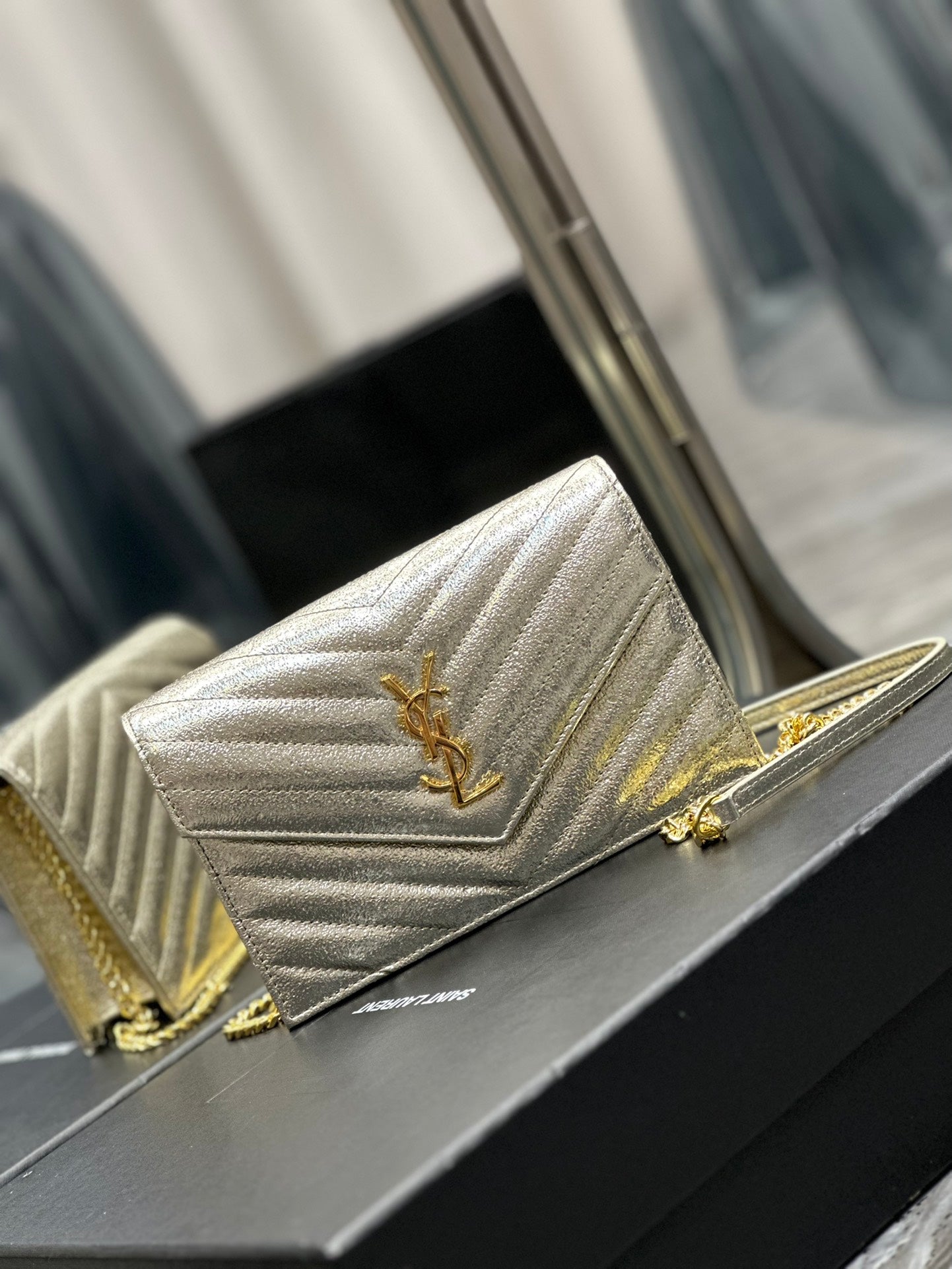 Saint Laurent Cassandre Matelassé Quilted Leather Wallet on Chain - Cream/Gold