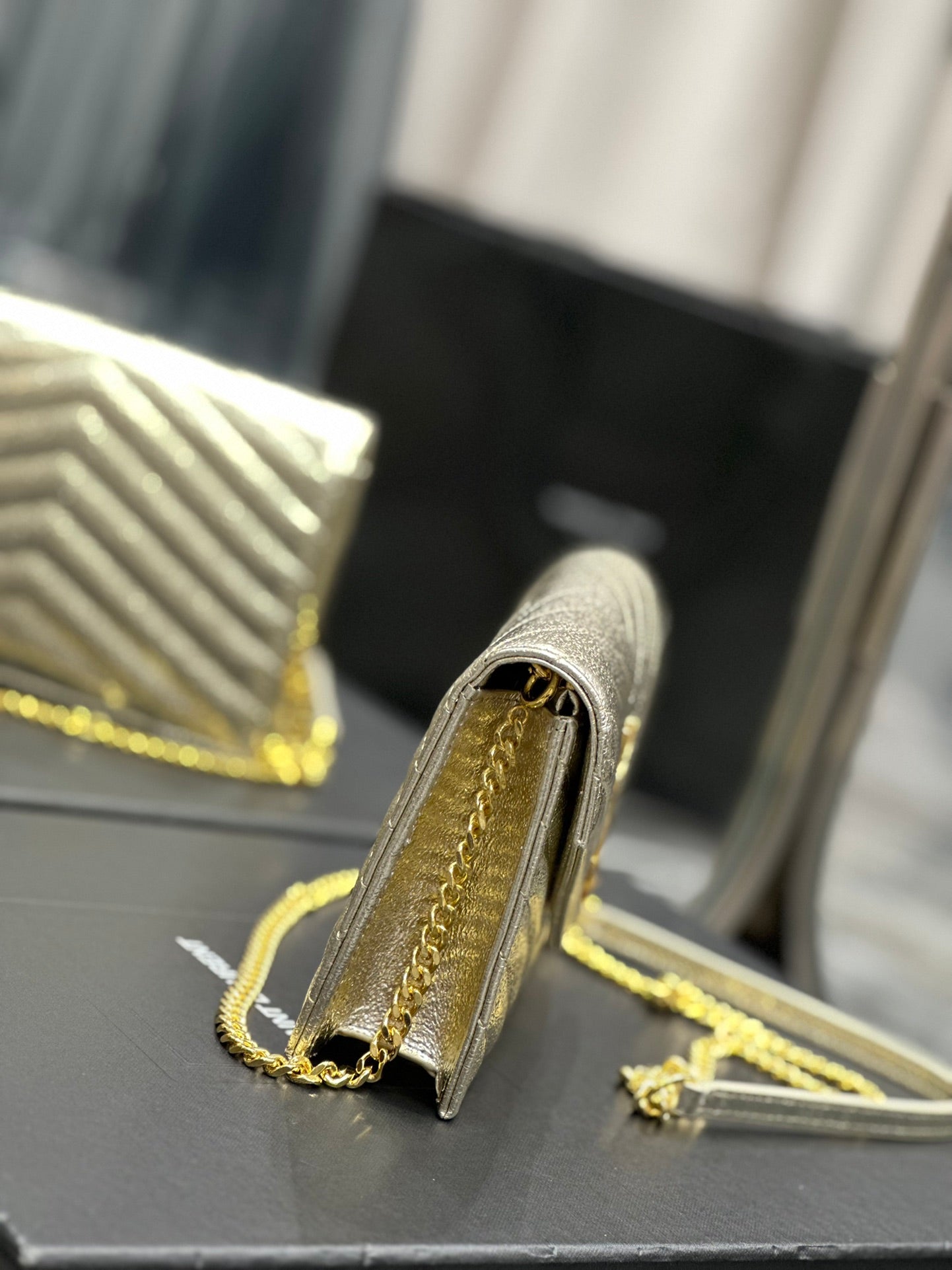 Saint Laurent Cassandre Matelassé Quilted Leather Wallet on Chain - Cream/Gold