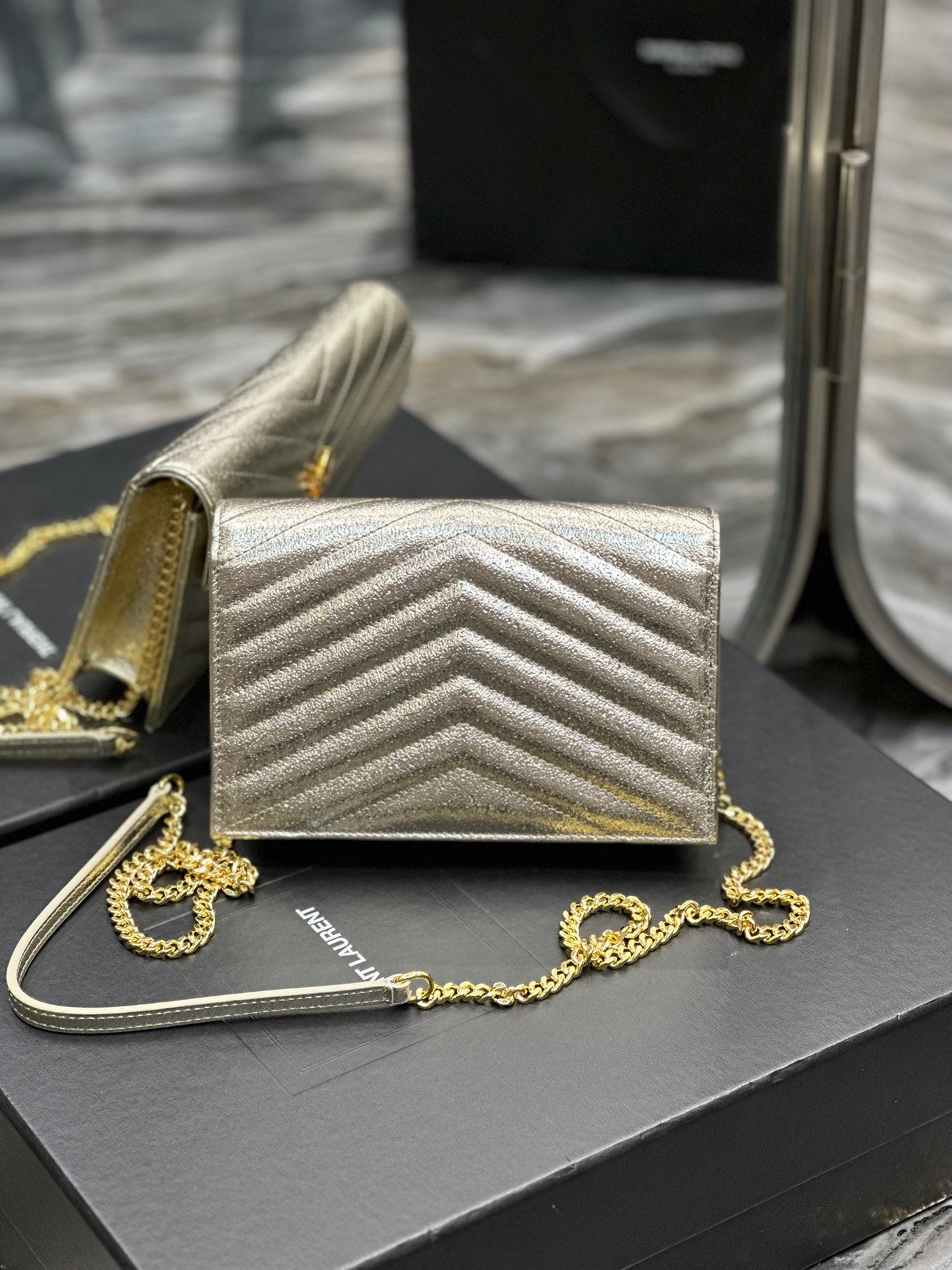 Saint Laurent Cassandre Matelassé Quilted Leather Wallet on Chain - Cream/Gold