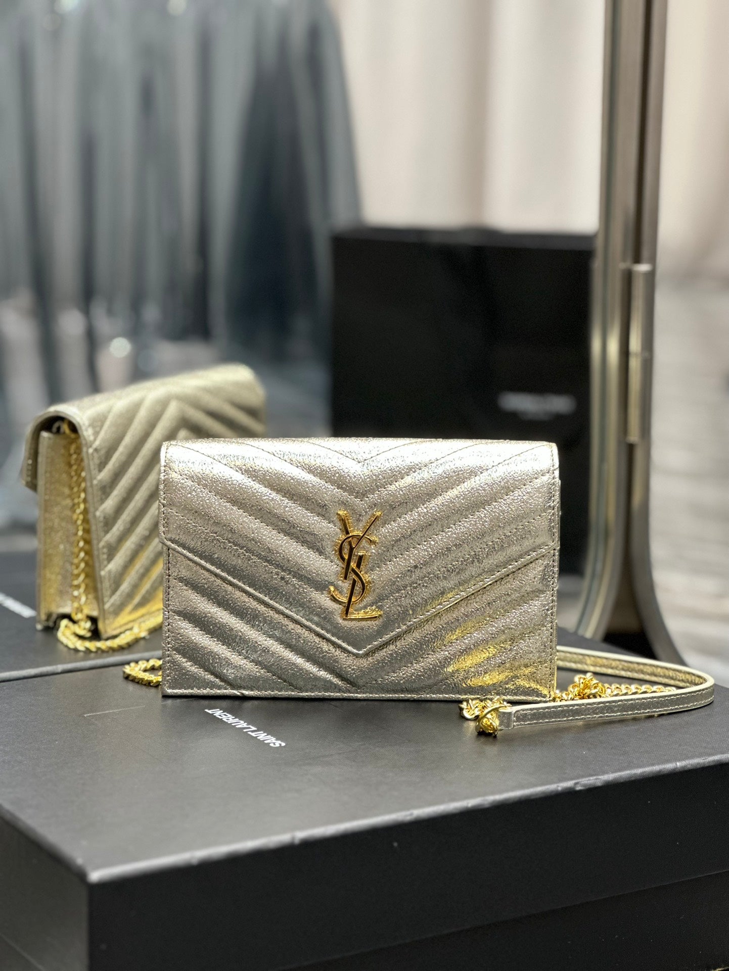 Saint Laurent Cassandre Matelassé Quilted Leather Wallet on Chain - Cream/Gold