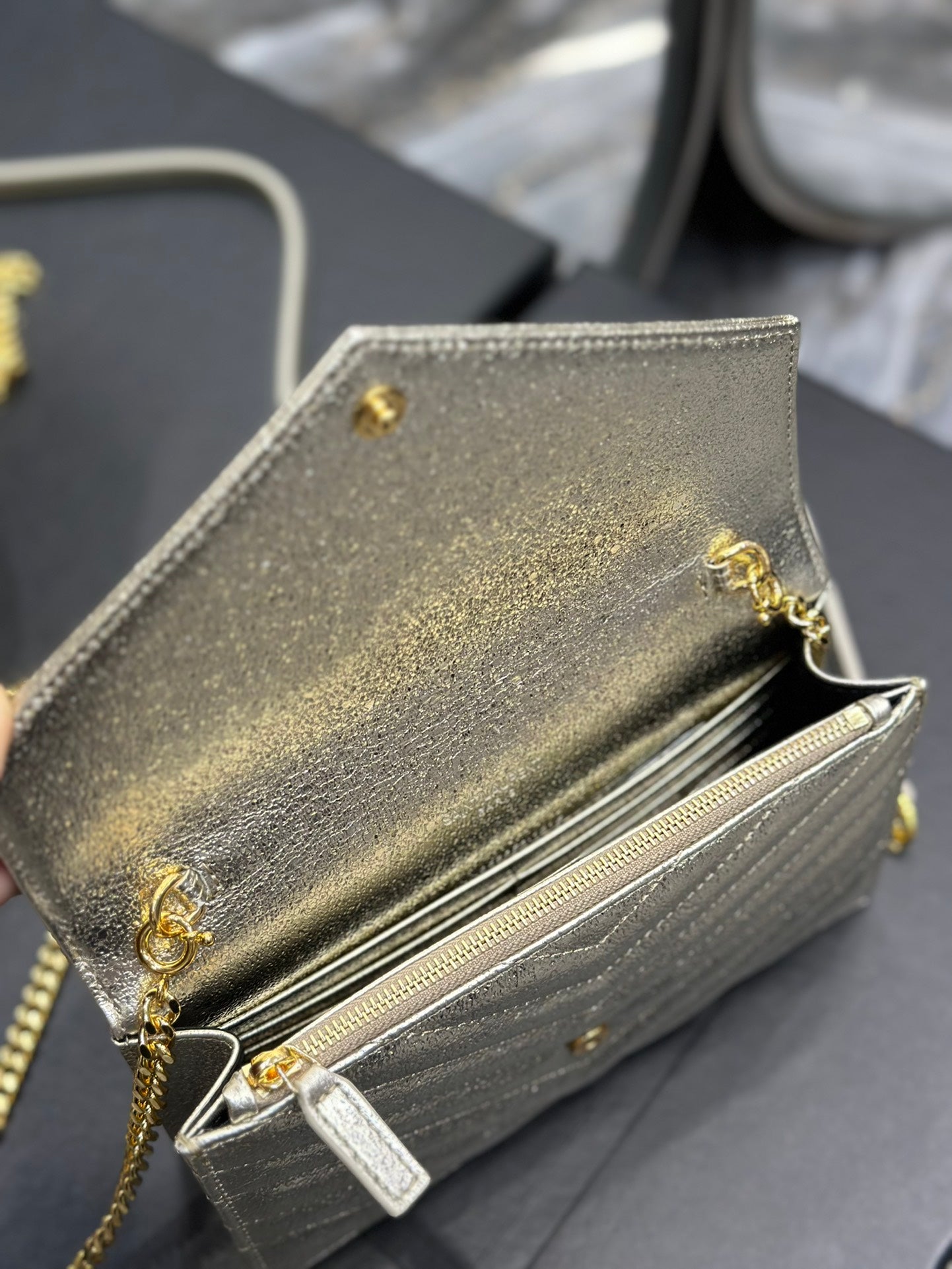 Saint Laurent Cassandre Matelassé Quilted Leather Wallet on Chain - Cream/Gold