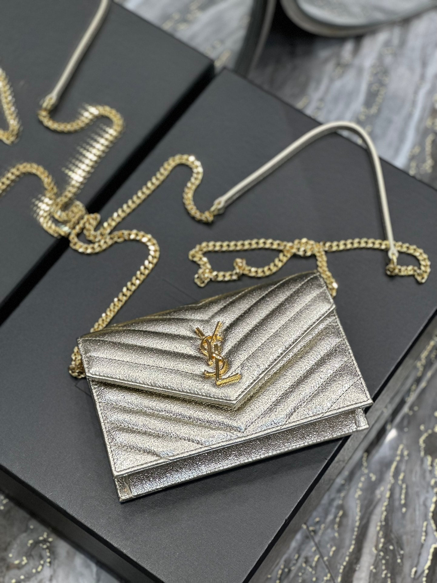 Saint Laurent Cassandre Matelassé Quilted Leather Wallet on Chain - Cream/Gold