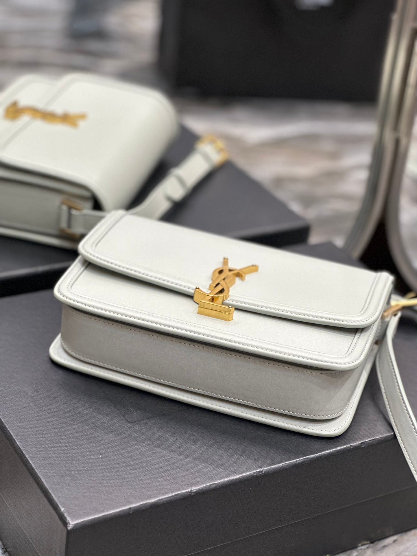 Saint Laurent Small Solferino Shoulder Bag in Cream Box Leather
