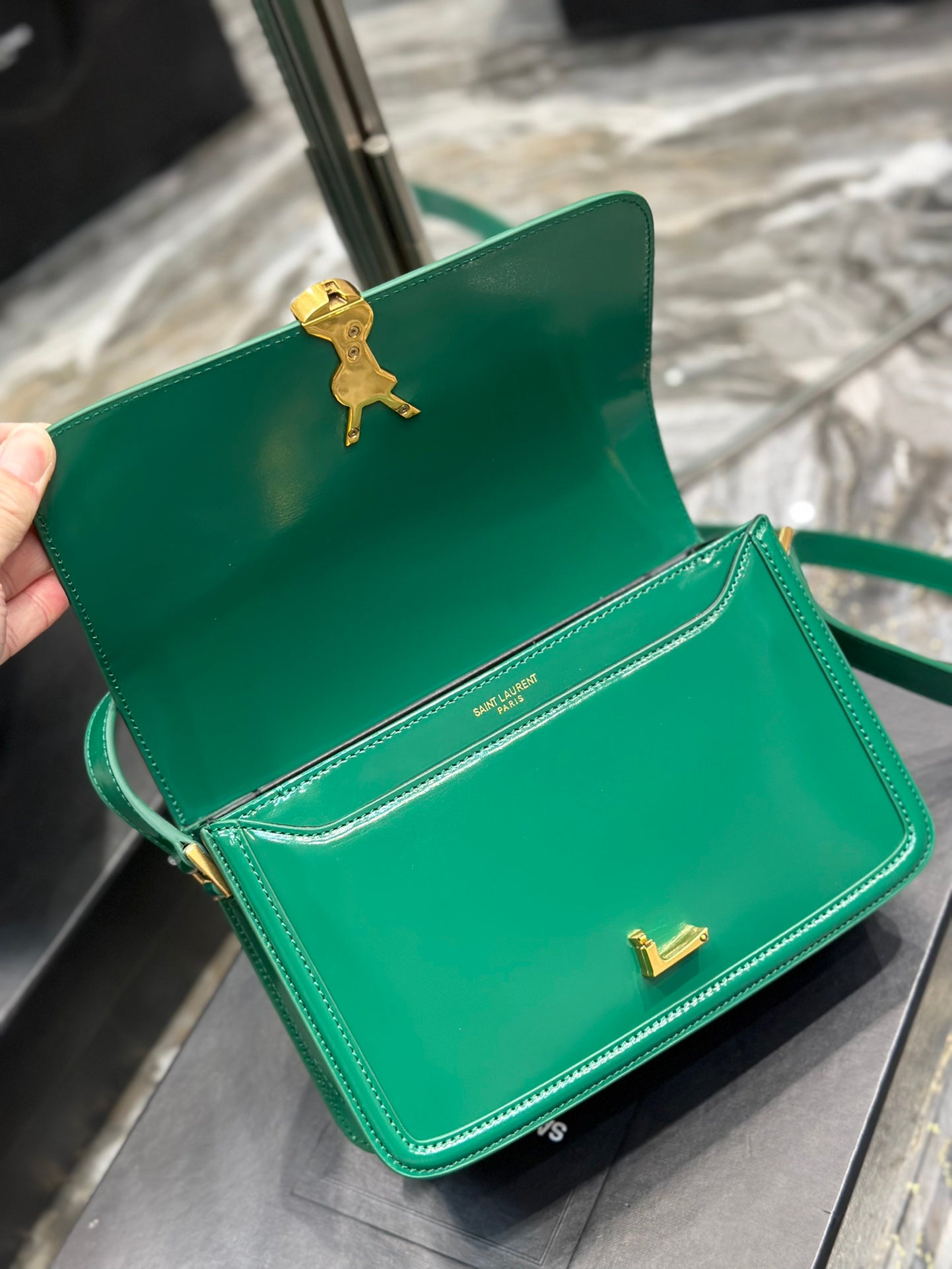 Saint Laurent Small Solferino Satchel in Green Box Leather