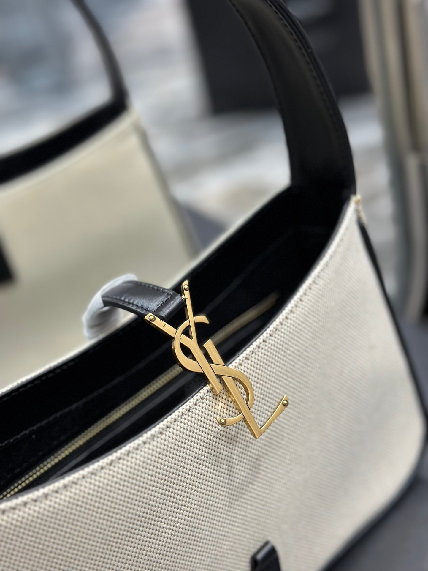 Women's Canvas and Leather Hobo Shoulder Bag with Gold-Tone Logo Closure - Cream/Black