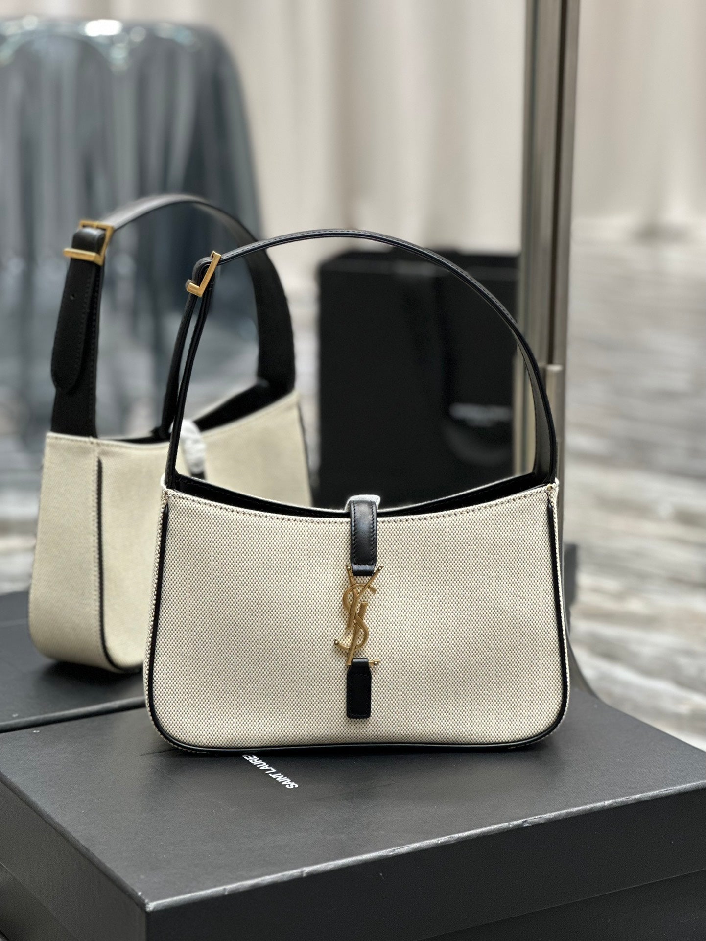 Women's Canvas and Leather Hobo Shoulder Bag with Gold-Tone Logo Closure - Cream/Black