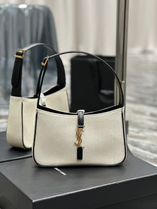 Women's Canvas and Leather Hobo Shoulder Bag with Gold-Tone Logo Closure - Cream/Black