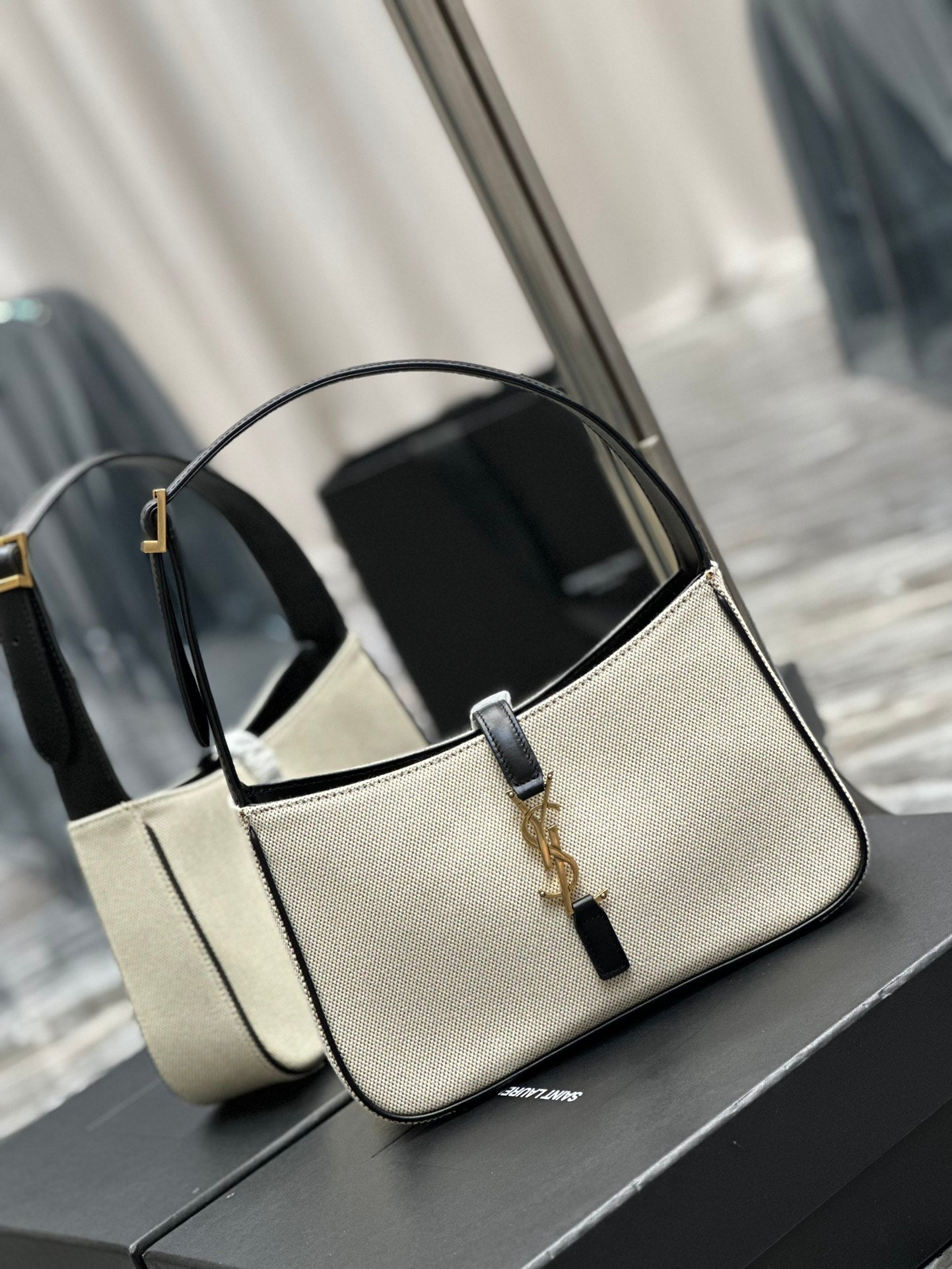 Women's Canvas and Leather Hobo Shoulder Bag with Gold-Tone Logo Closure - Cream/Black