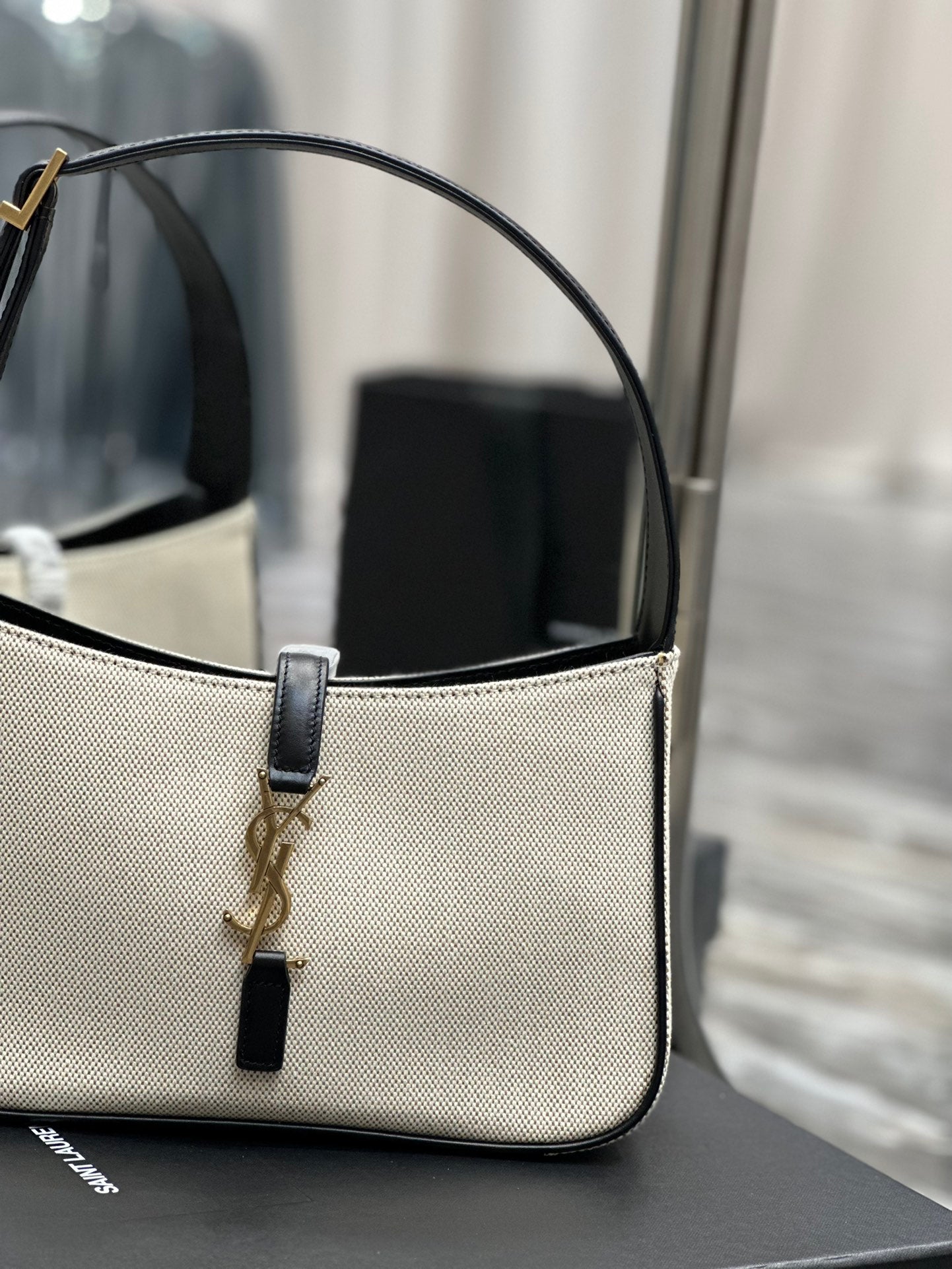 Women's Canvas and Leather Hobo Shoulder Bag with Gold-Tone Logo Closure - Cream/Black
