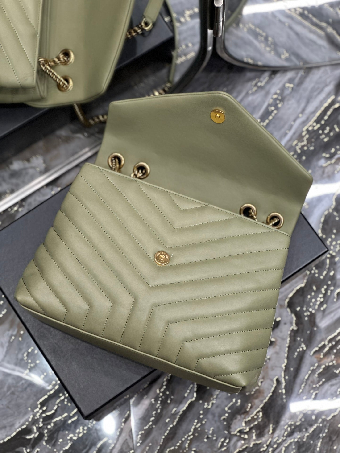 Saint Laurent Medium College Bag in Sage Green Chevron Quilted Leather