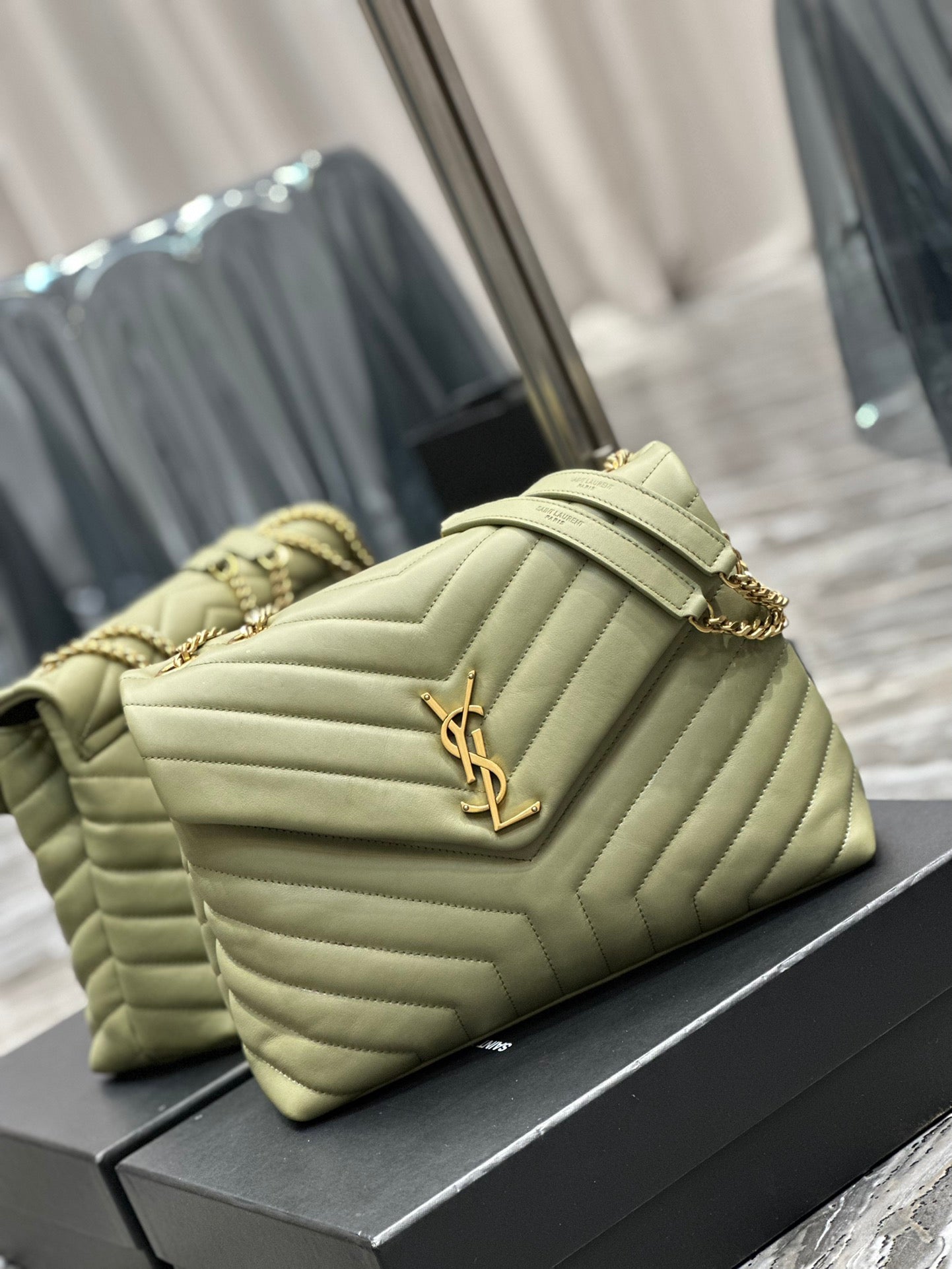 Saint Laurent Medium College Bag in Sage Green Chevron Quilted Leather