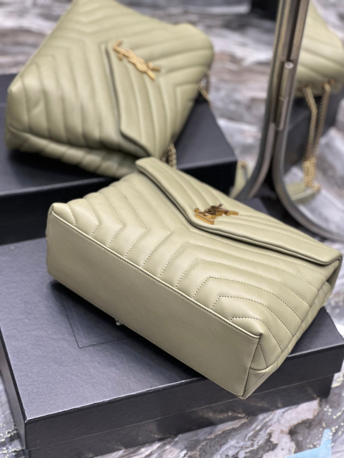 Saint Laurent Medium College Bag in Sage Green Chevron Quilted Leather