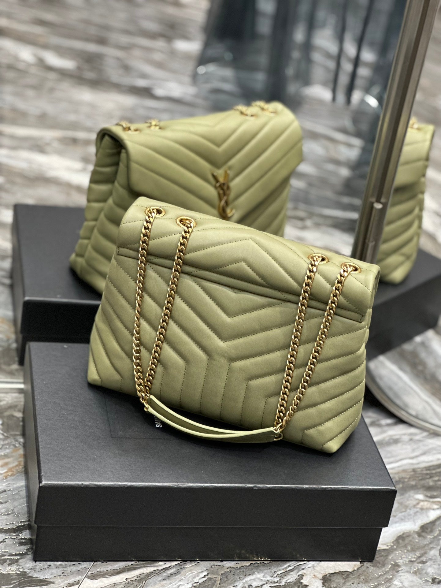 Saint Laurent Medium College Bag in Sage Green Chevron Quilted Leather