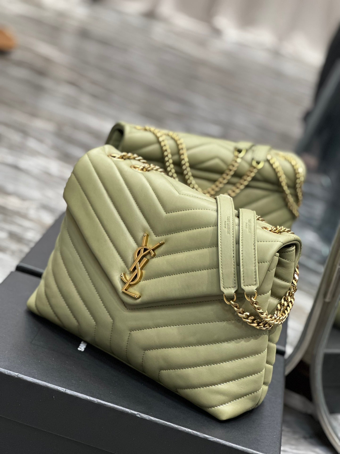 Saint Laurent Medium College Bag in Sage Green Chevron Quilted Leather
