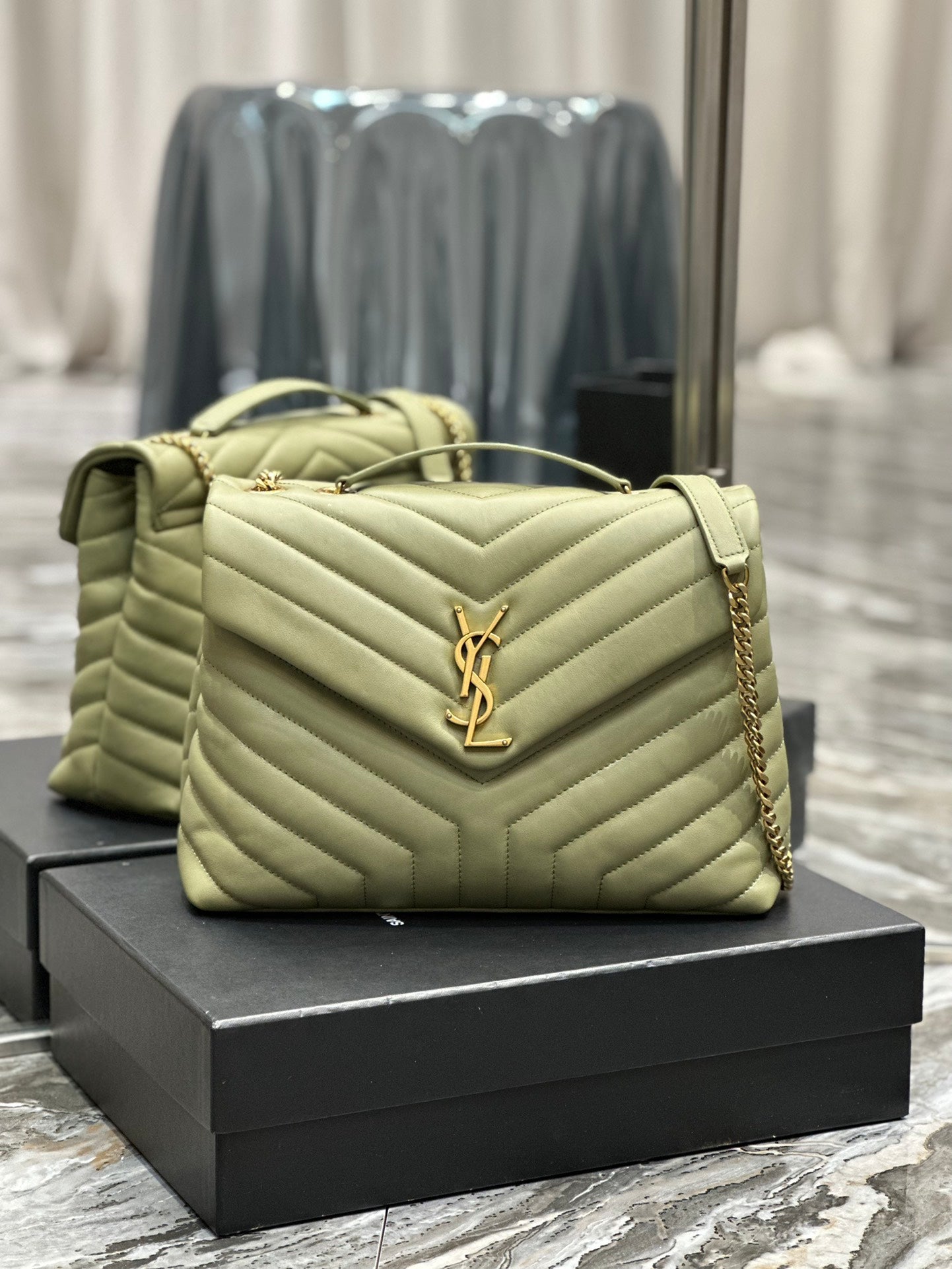 Saint Laurent Medium College Bag in Sage Green Chevron Quilted Leather