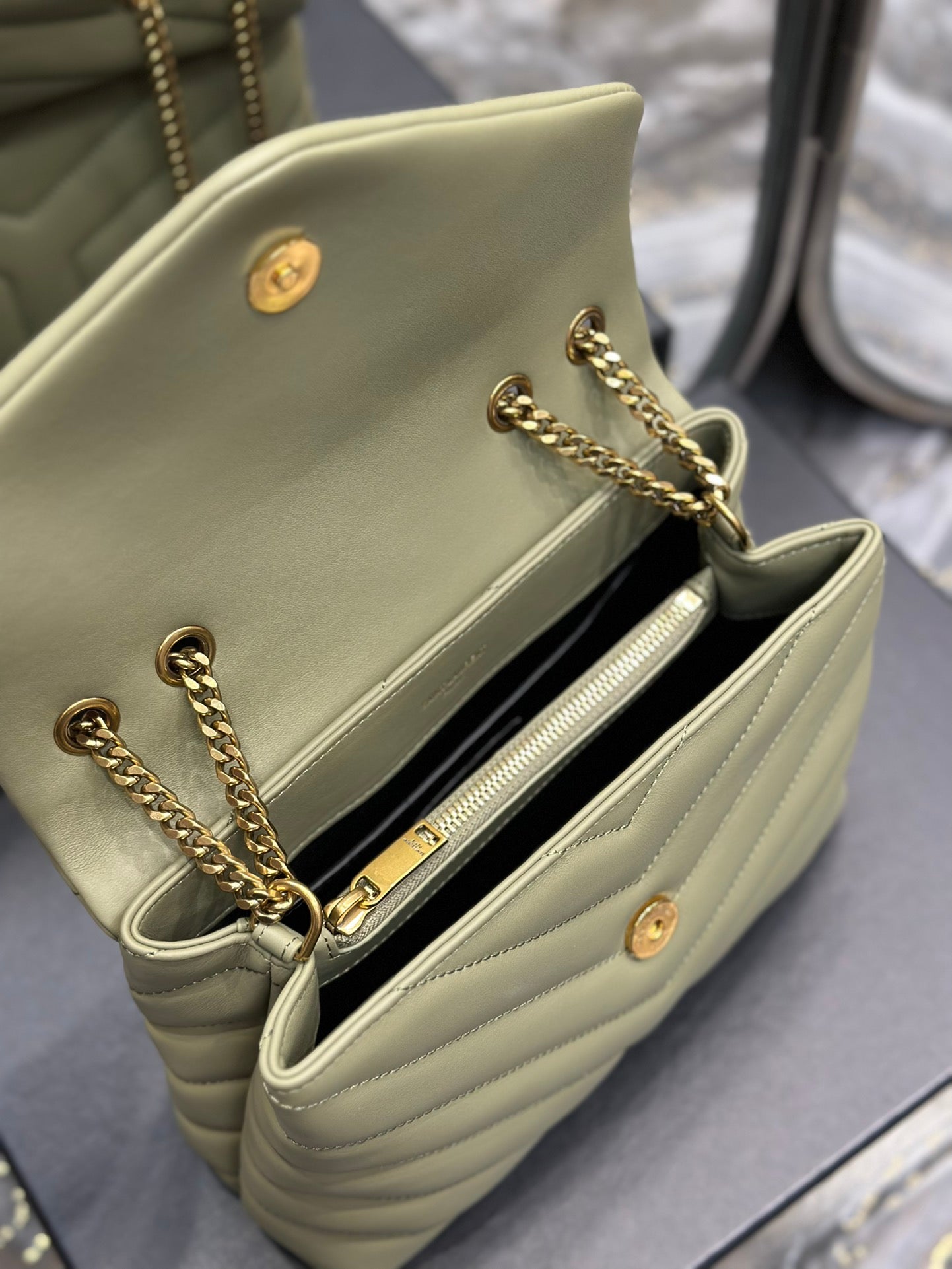 Saint Laurent Small Loulou Shoulder Bag in Sage Green Quilted Leather