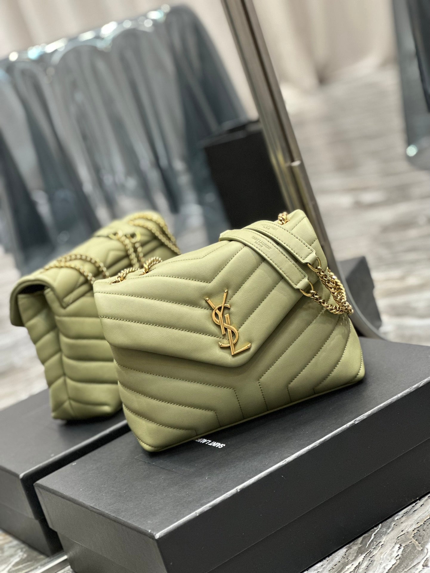 Saint Laurent Small Loulou Shoulder Bag in Sage Green Quilted Leather