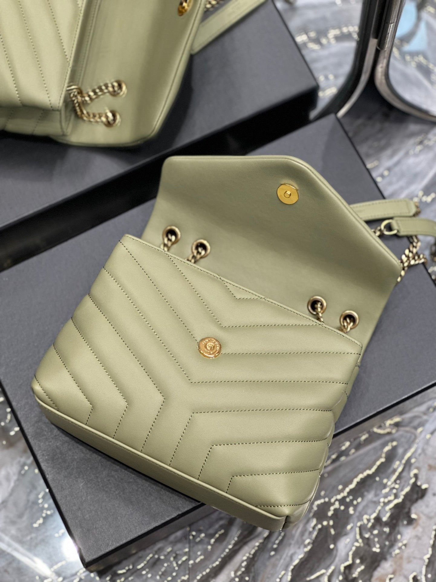 Saint Laurent Small Loulou Shoulder Bag in Sage Green Quilted Leather