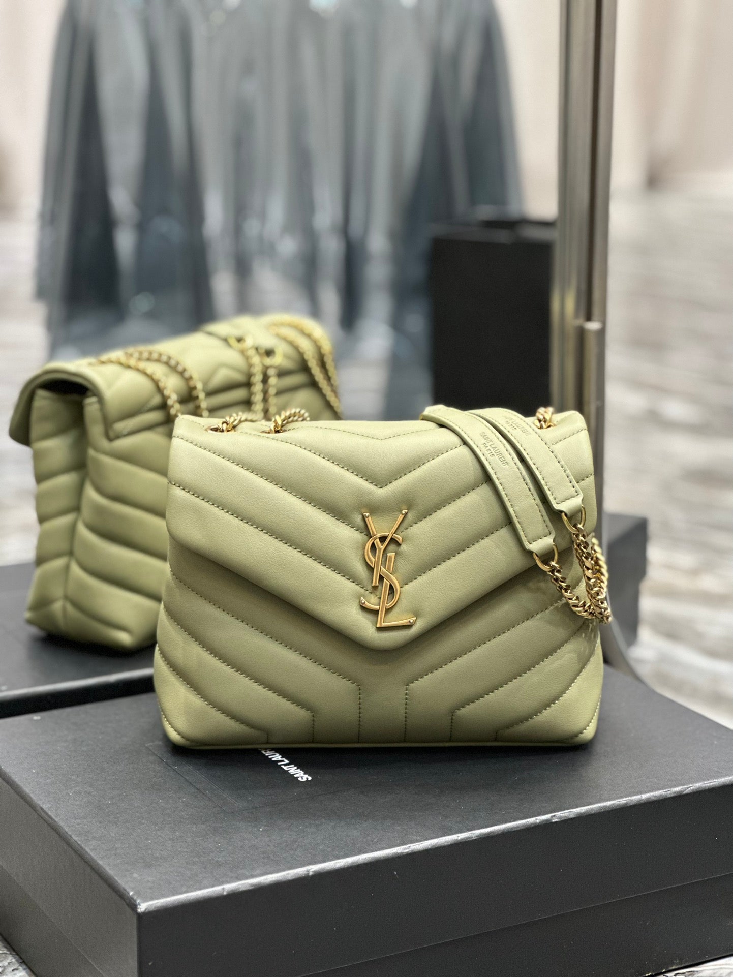 Saint Laurent Small Loulou Shoulder Bag in Sage Green Quilted Leather
