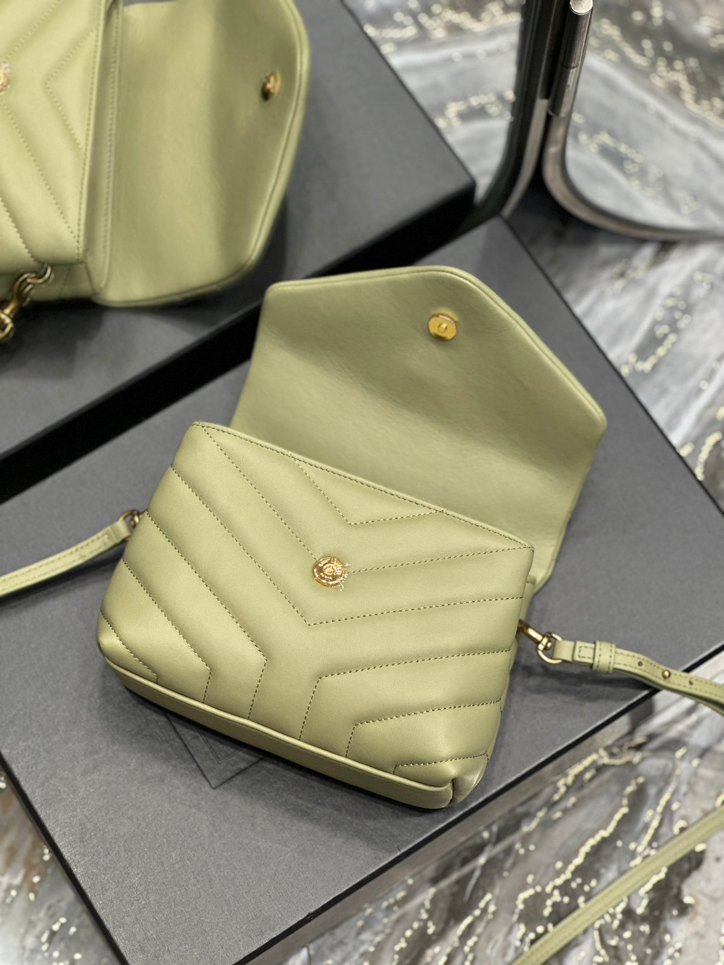 Saint Laurent Toy Loulou Quilted Leather Shoulder Bag in Sage Green
