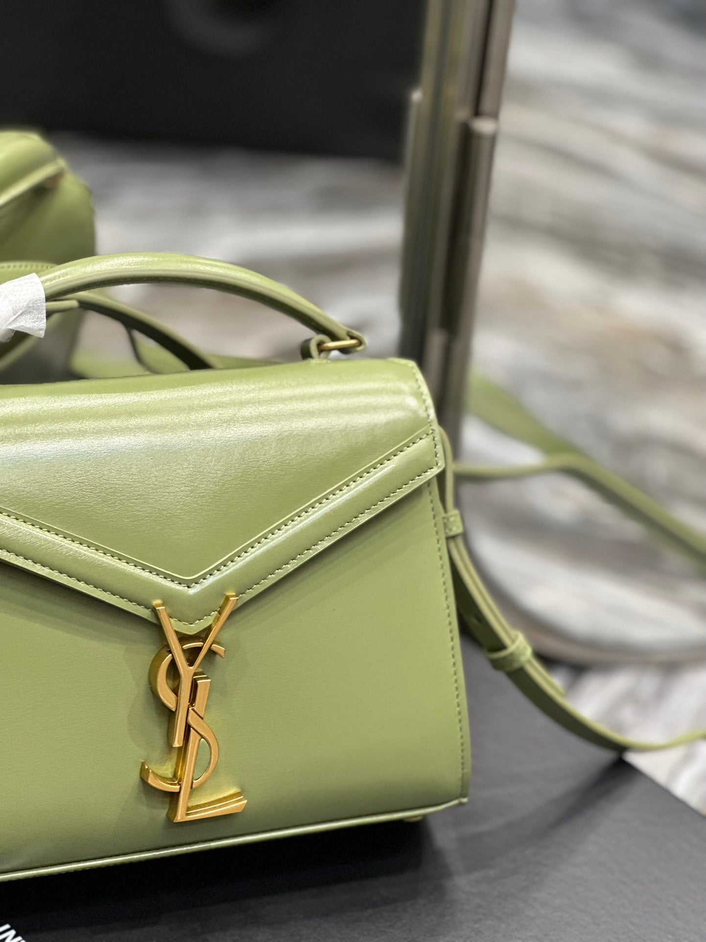 Saint Laurent Cassandra Mini Top Handle Bag in Sage Green Leather