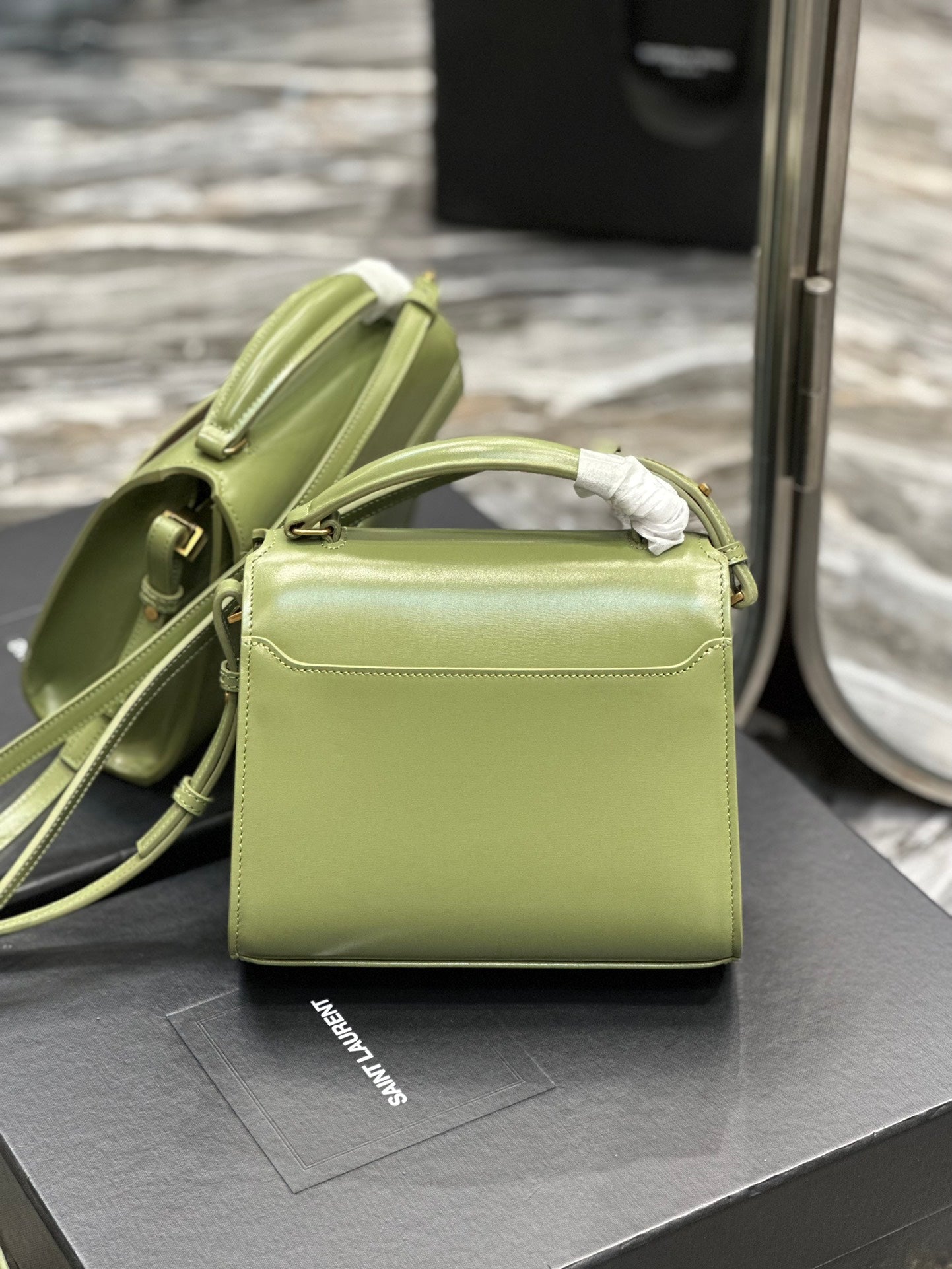 Saint Laurent Cassandra Mini Top Handle Bag in Sage Green Leather