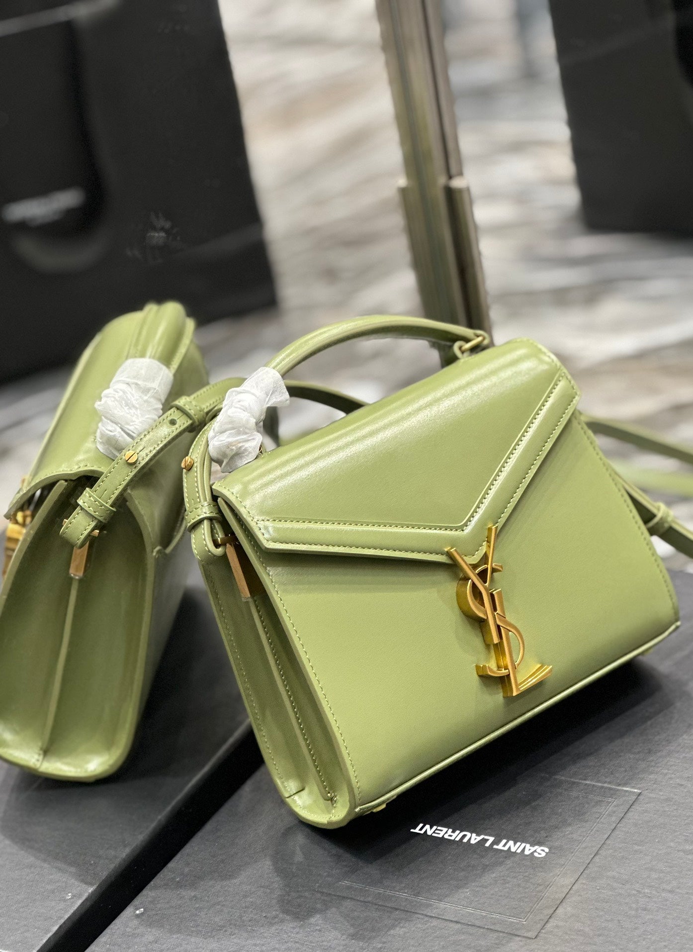 Saint Laurent Cassandra Mini Top Handle Bag in Sage Green Leather