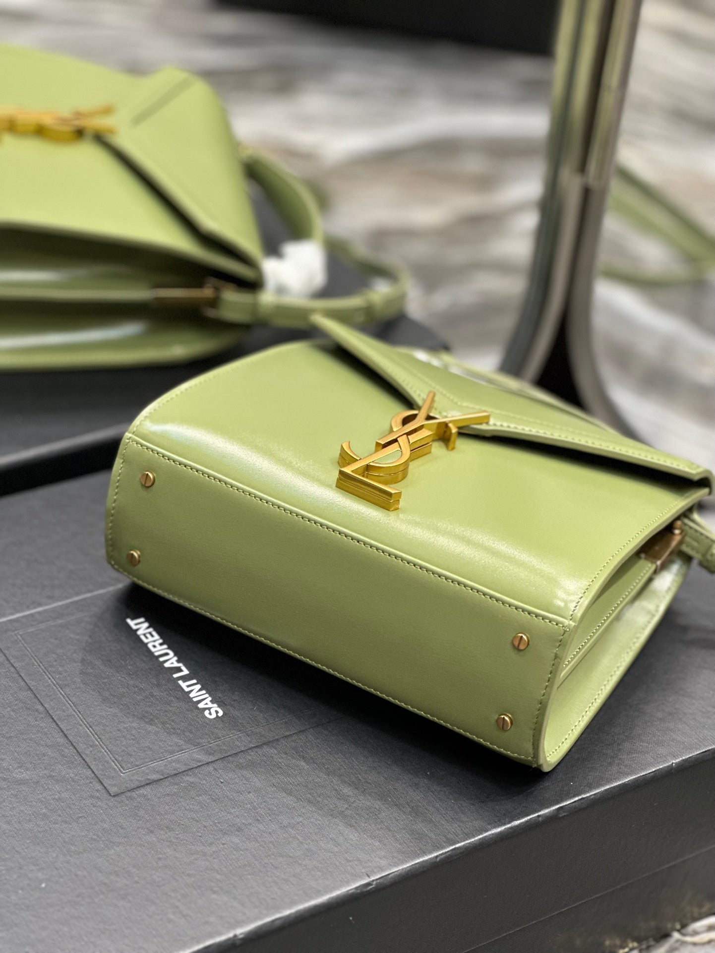 Saint Laurent Cassandra Mini Top Handle Bag in Sage Green Leather