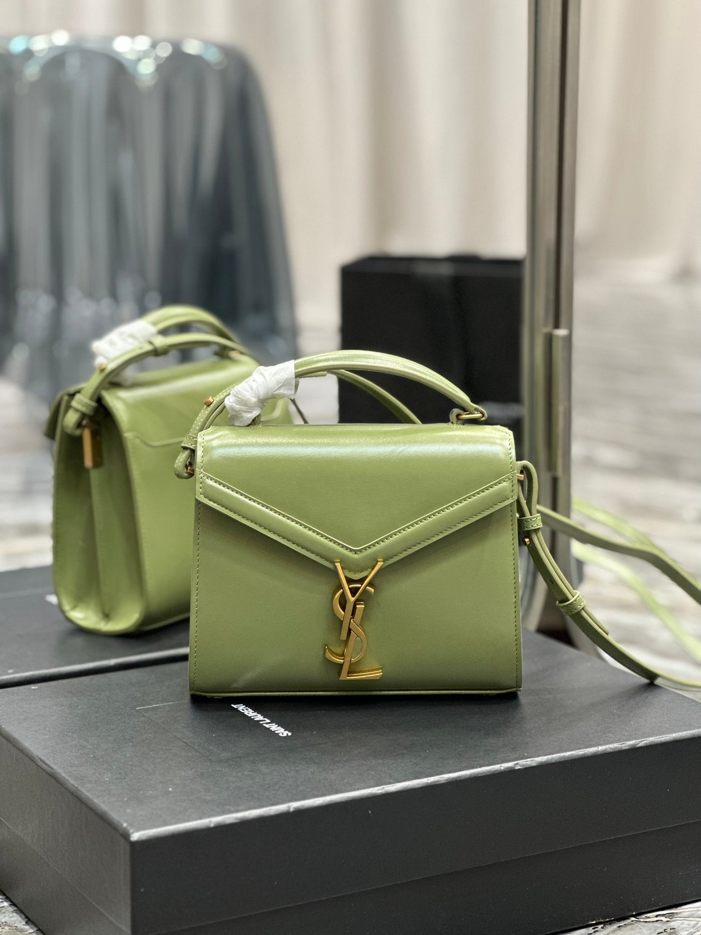 Saint Laurent Cassandra Mini Top Handle Bag in Sage Green Leather