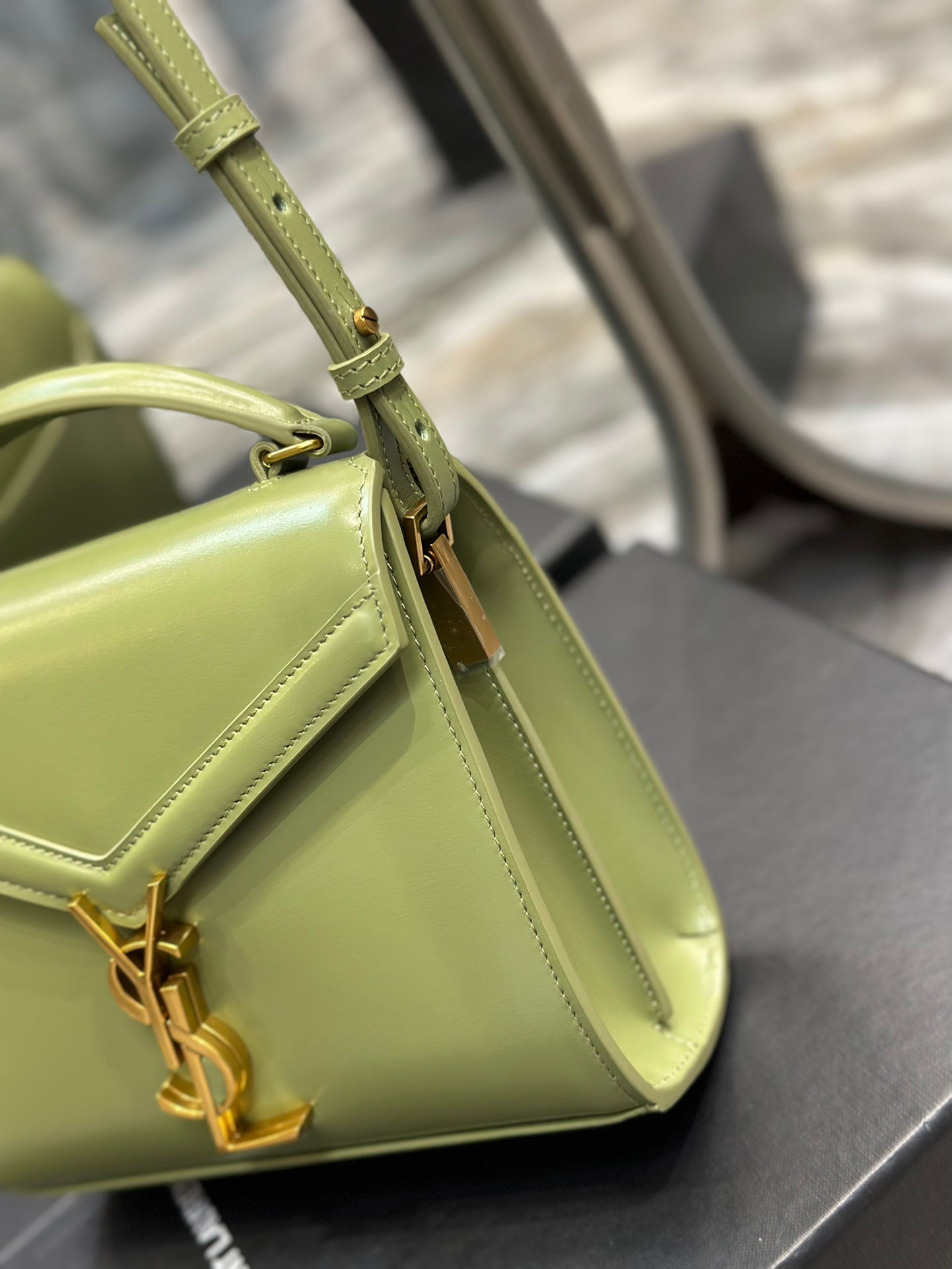 Saint Laurent Cassandra Mini Top Handle Bag in Sage Green Leather