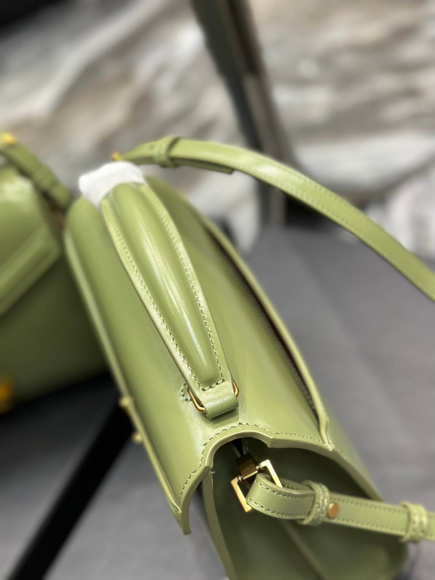 Saint Laurent Cassandra Mini Top Handle Bag in Sage Green Leather