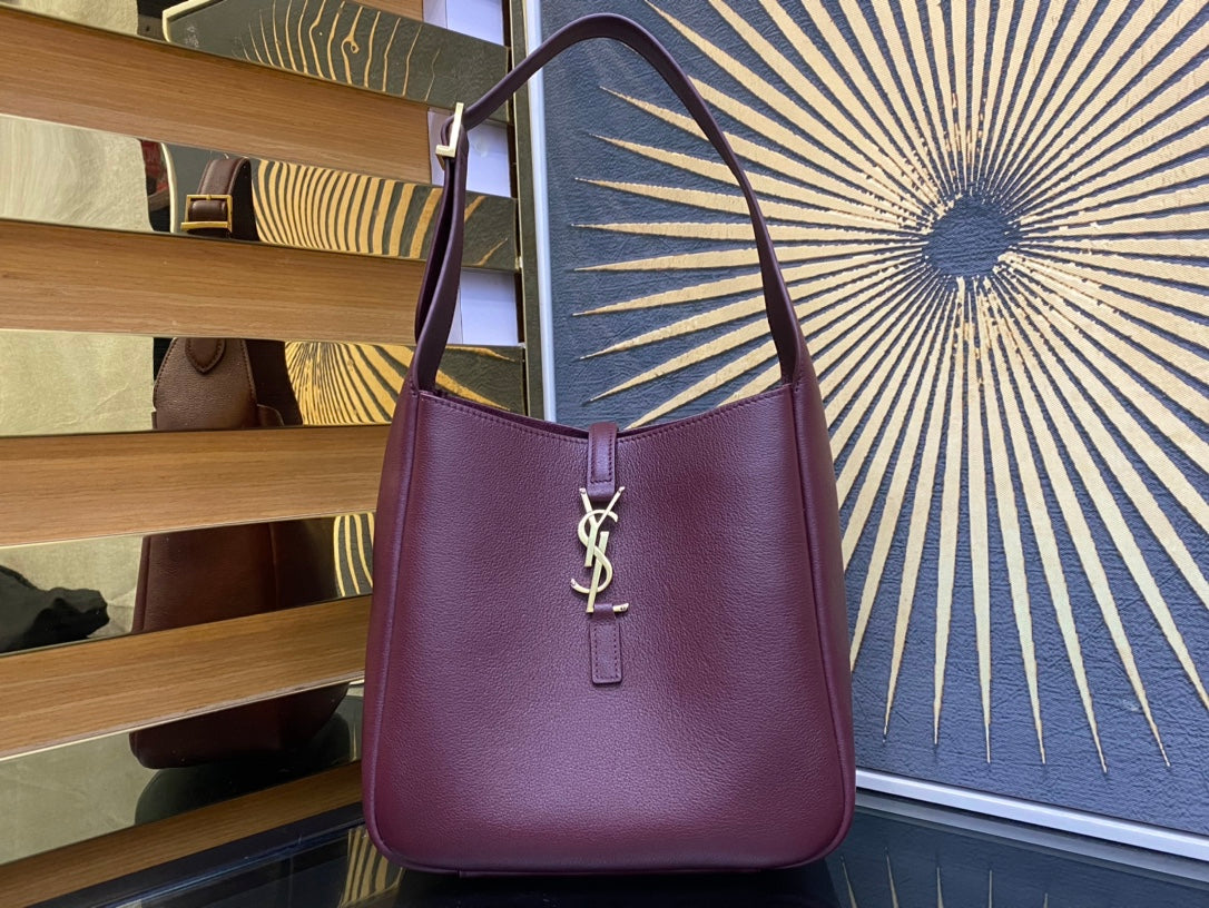 Saint Laurent Le 5 à 7 Small Hobo Bag in Burgundy Leather with Gold Logo