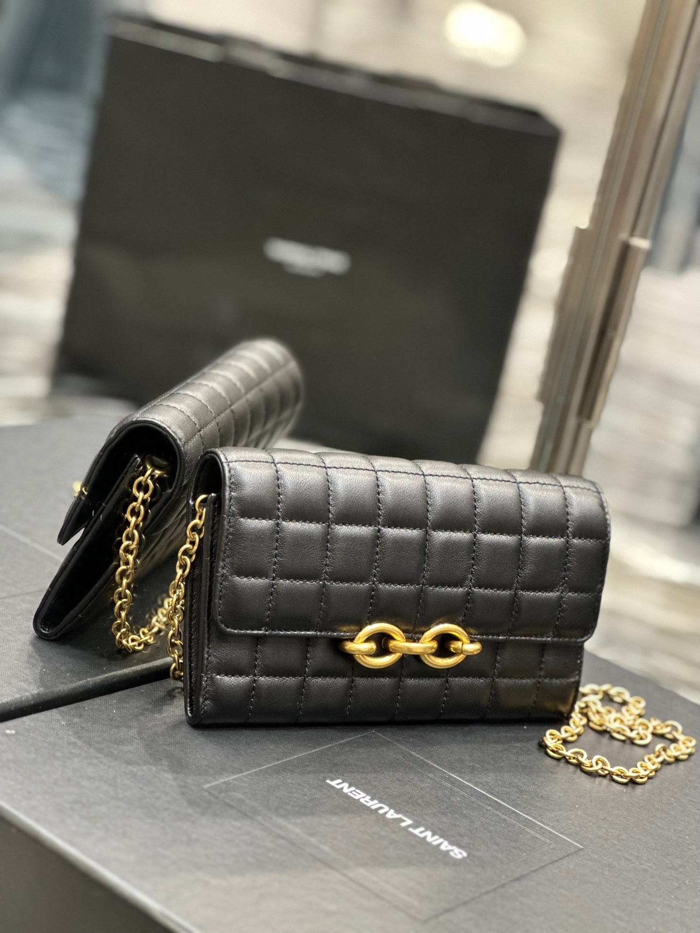 Quilted Leather Shoulder Bag with Gold Chain Strap - Black