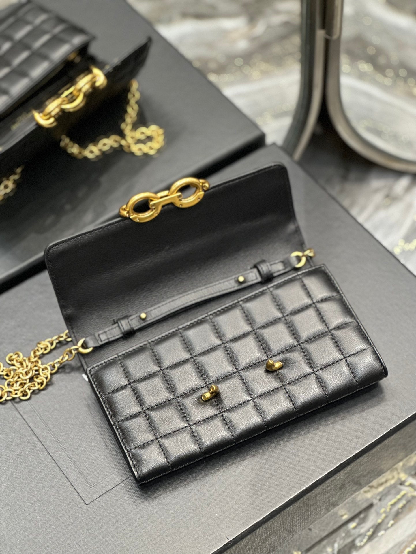 Quilted Leather Shoulder Bag with Gold Chain Strap - Black