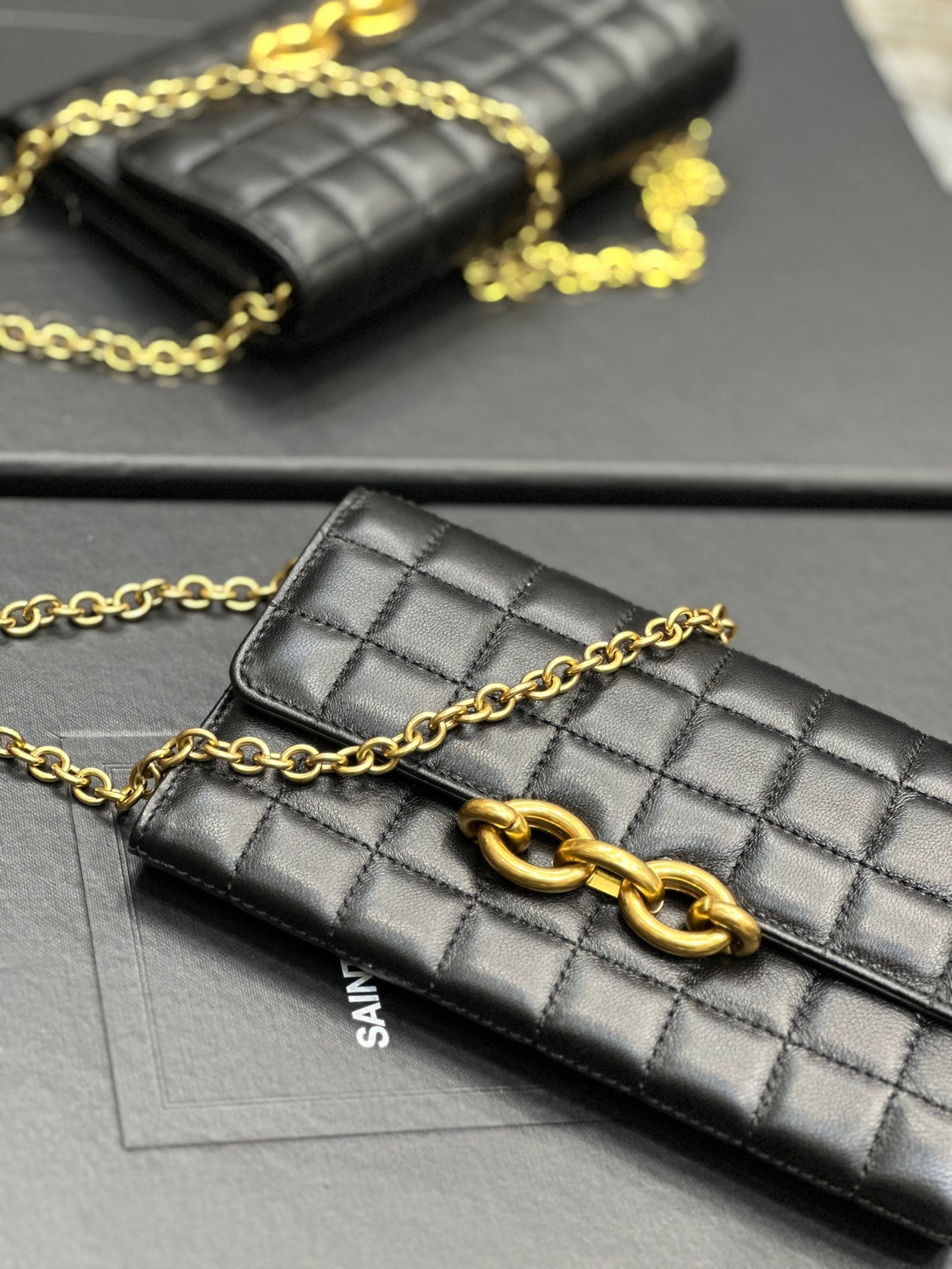Quilted Leather Shoulder Bag with Gold Chain Strap - Black
