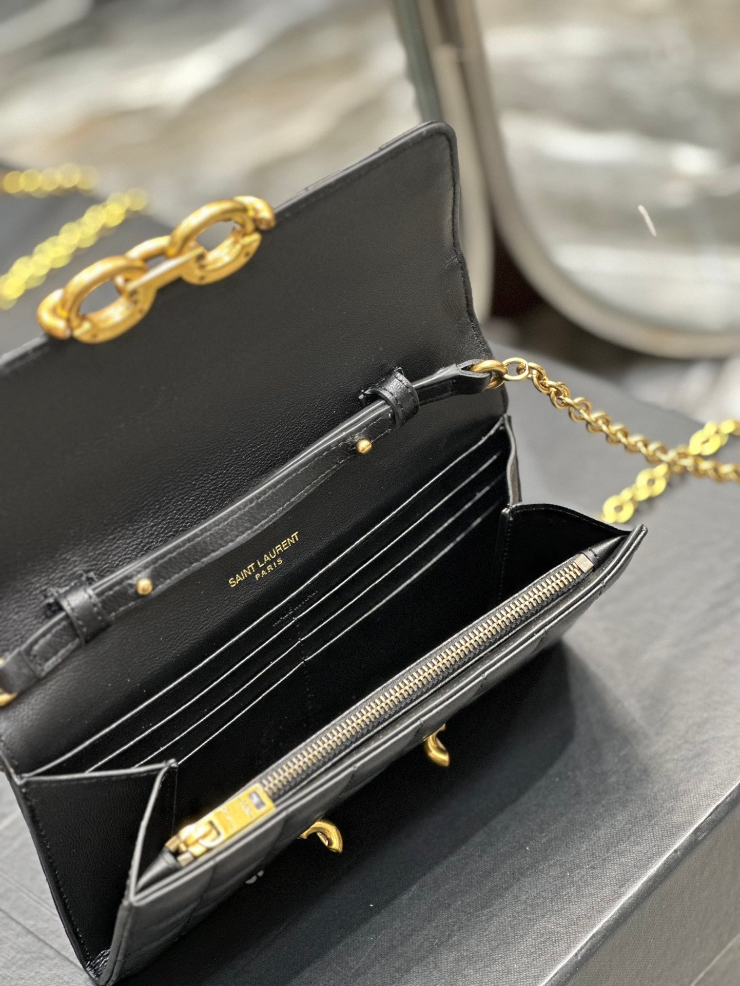 Quilted Leather Shoulder Bag with Gold Chain Strap - Black