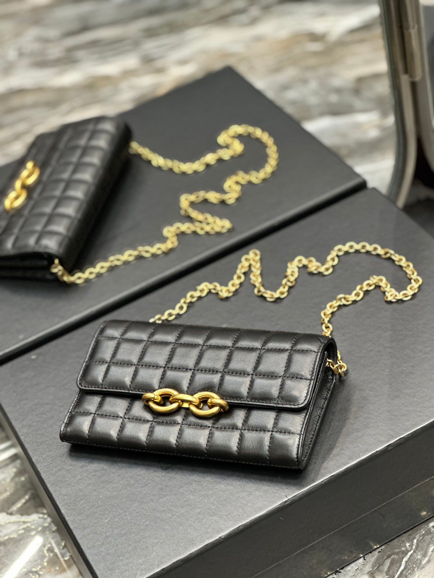 Quilted Leather Shoulder Bag with Gold Chain Strap - Black