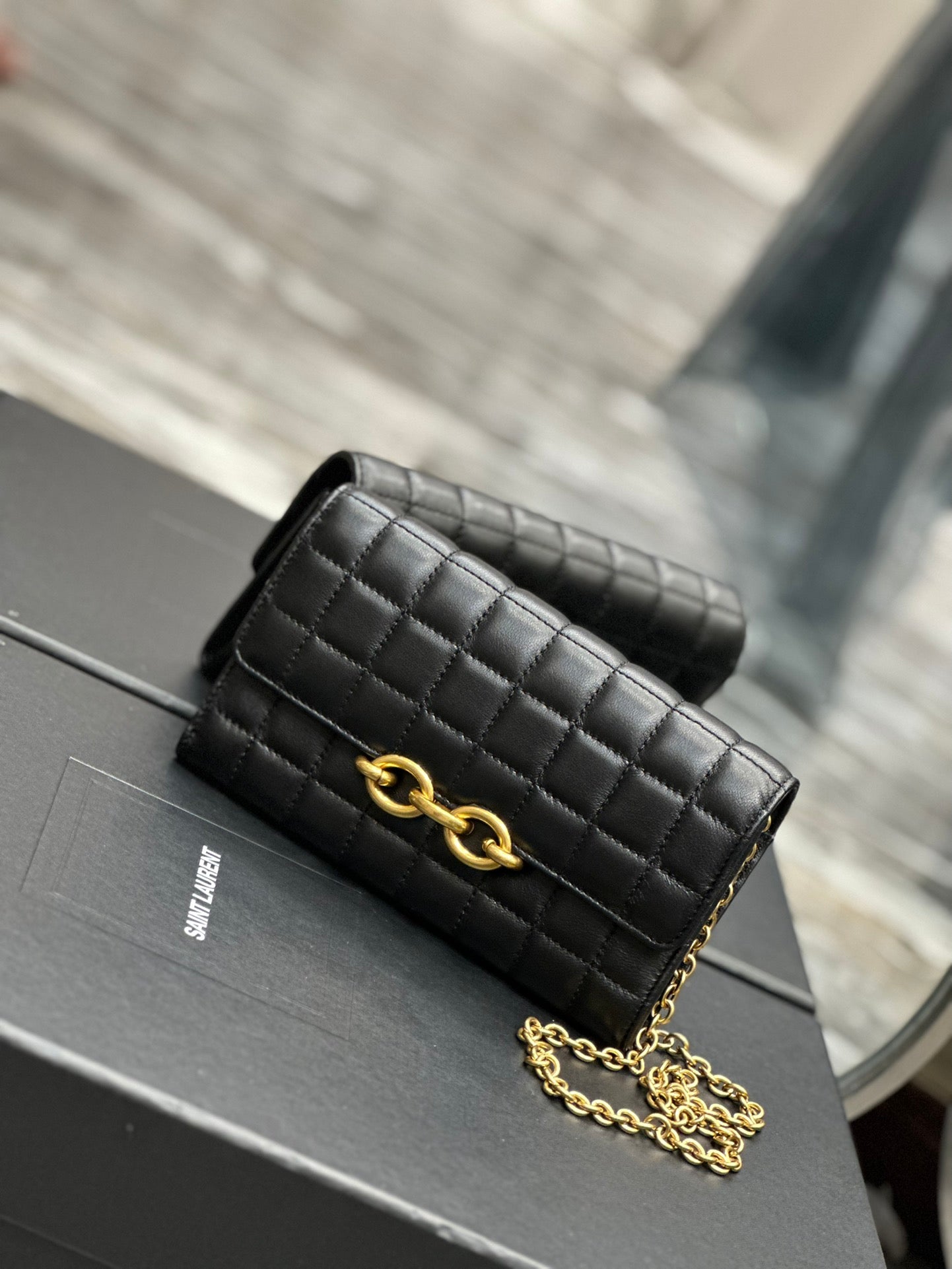 Quilted Leather Shoulder Bag with Gold Chain Strap - Black