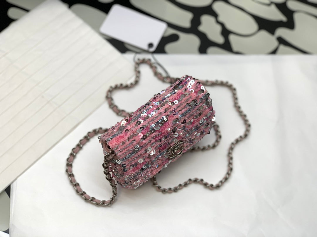 Pink Sequin Mini Crossbody Shoulder Bag with Silver-Tone Chain Strap