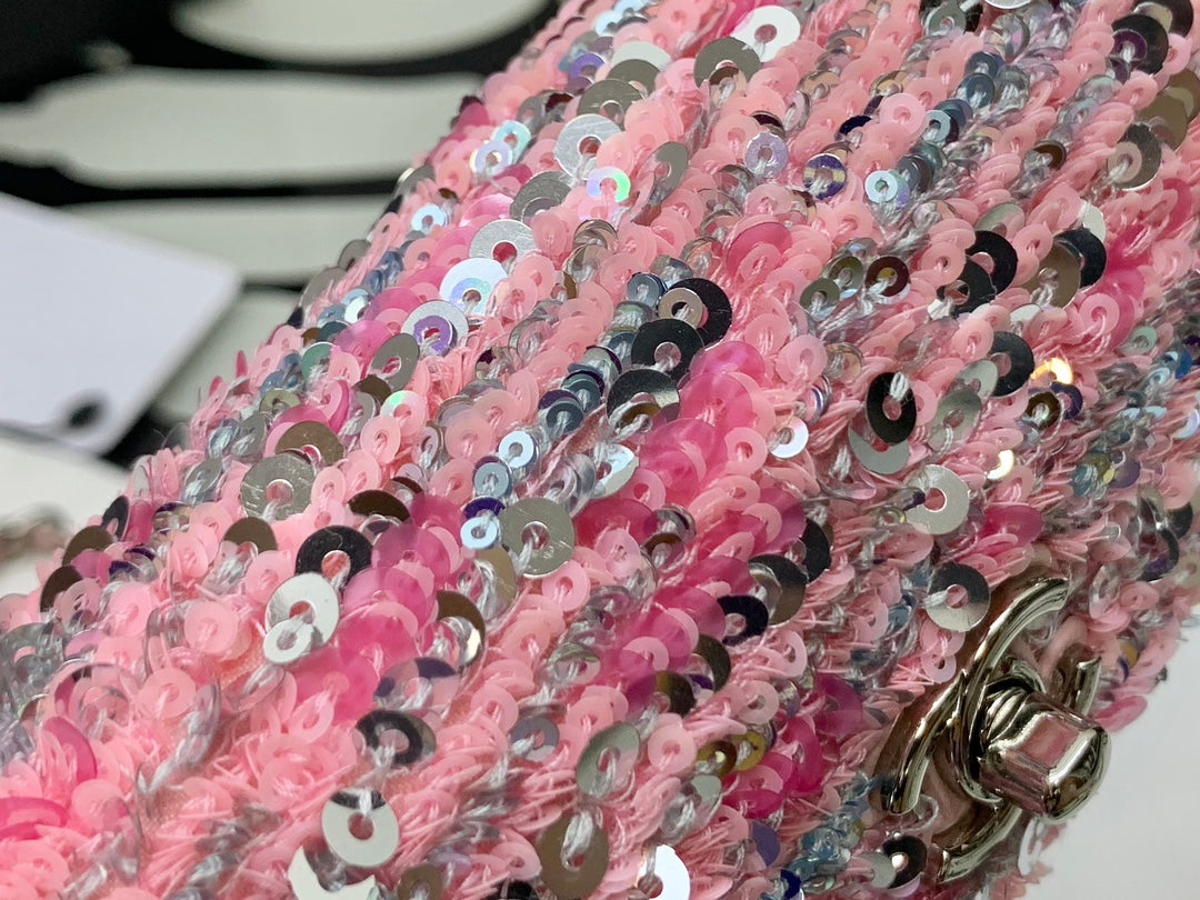 Pink Sequin Mini Crossbody Shoulder Bag with Silver-Tone Chain Strap