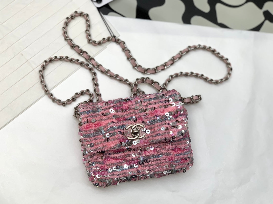 Pink Sequin Mini Crossbody Shoulder Bag with Silver-Tone Chain Strap