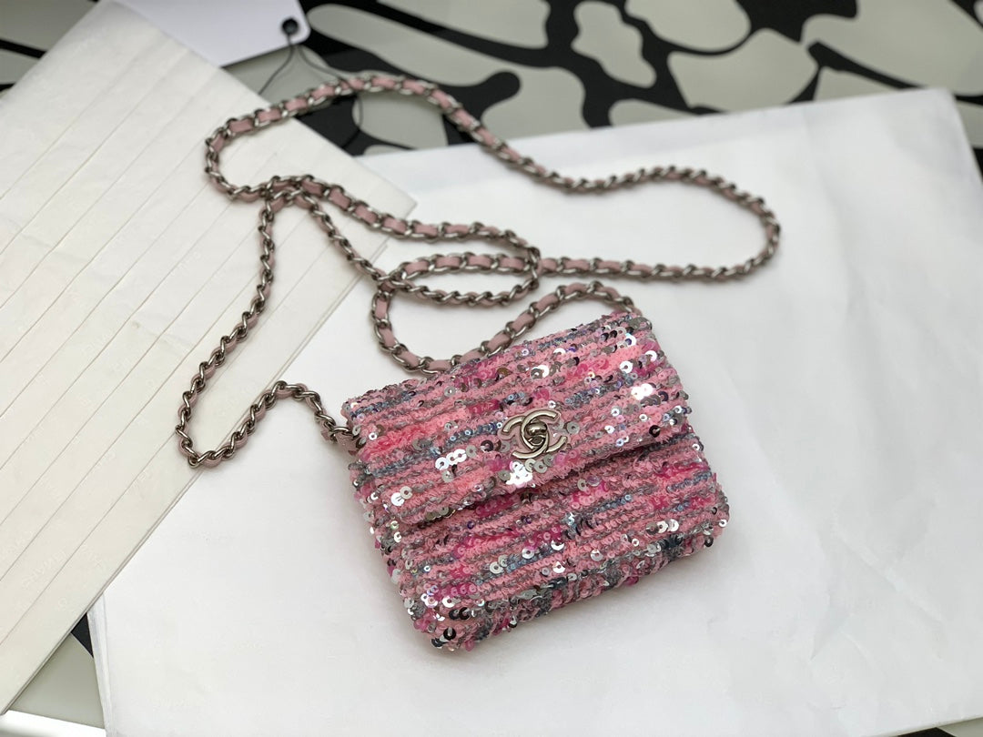Pink Sequin Mini Crossbody Shoulder Bag with Silver-Tone Chain Strap
