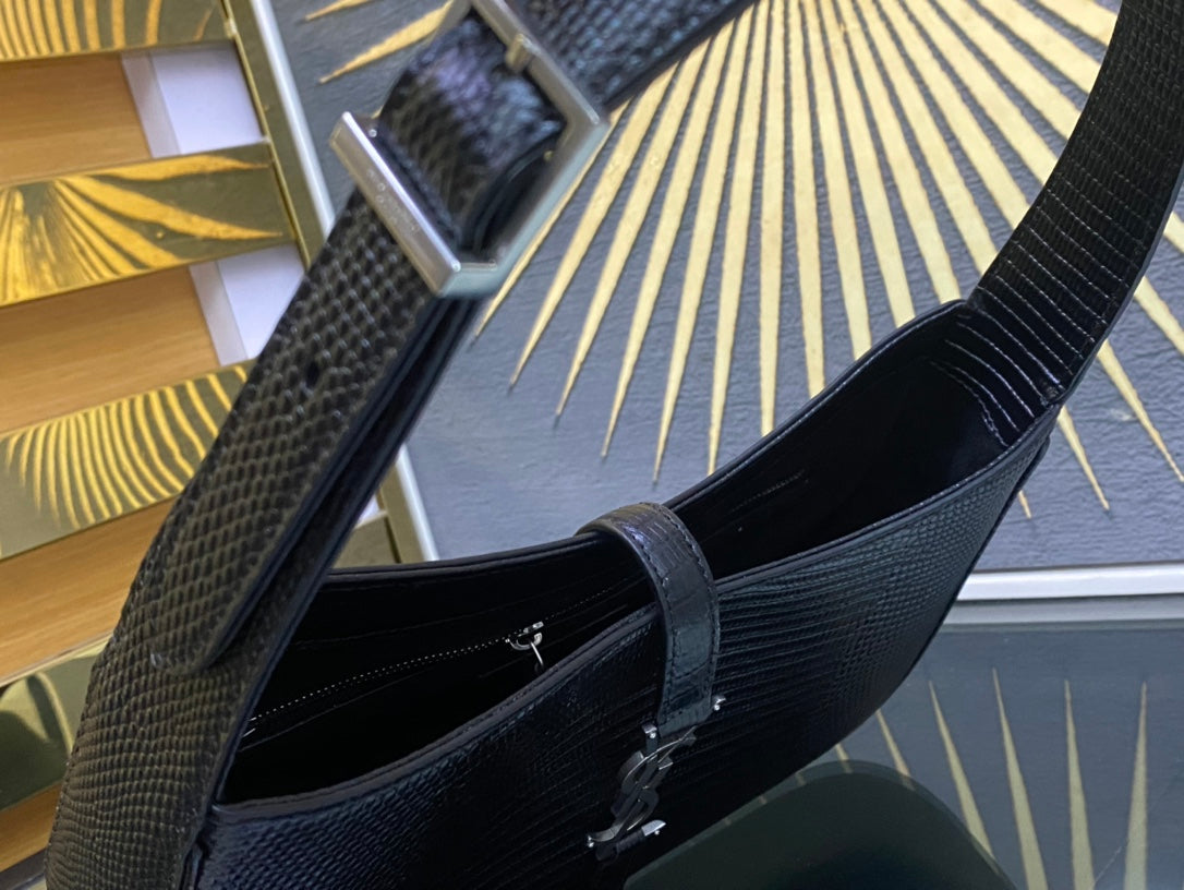 Saint Laurent Le 5 à 7 Lizard-Embossed Leather Hobo Bag - Black