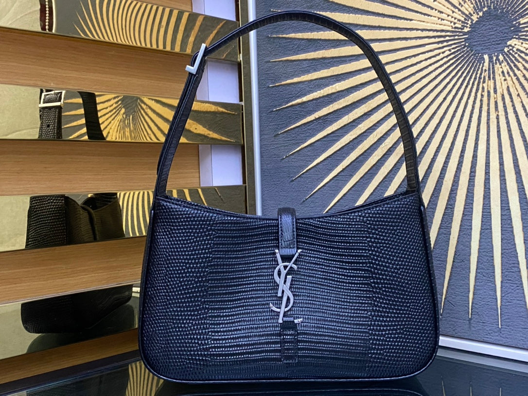 Saint Laurent Le 5 à 7 Lizard-Embossed Leather Hobo Bag - Black