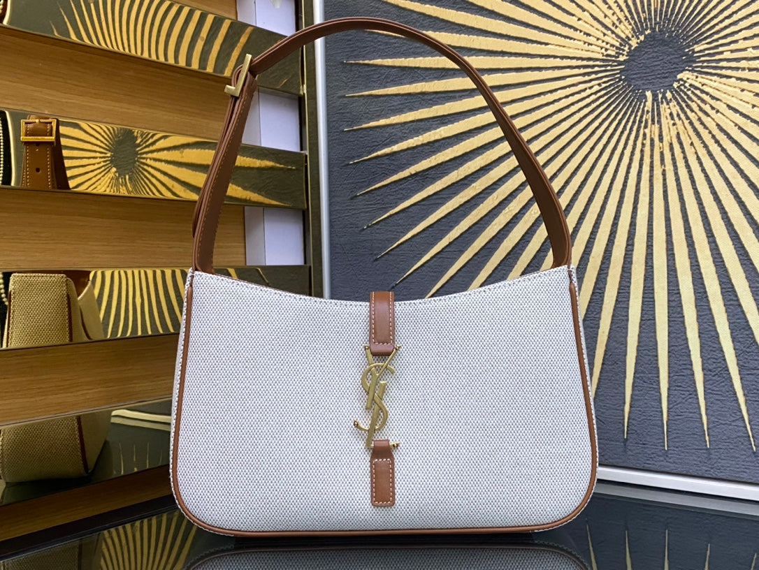 Saint Laurent LE 5 À 7 Hobo Bag in Canvas and Smooth Leather