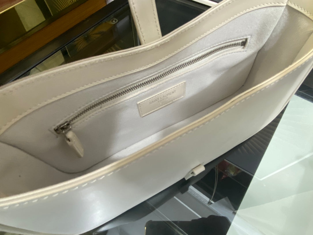 Saint Laurent Le 5 à 7 Leather Hobo Bag - White with Silver-Tone Monogram
