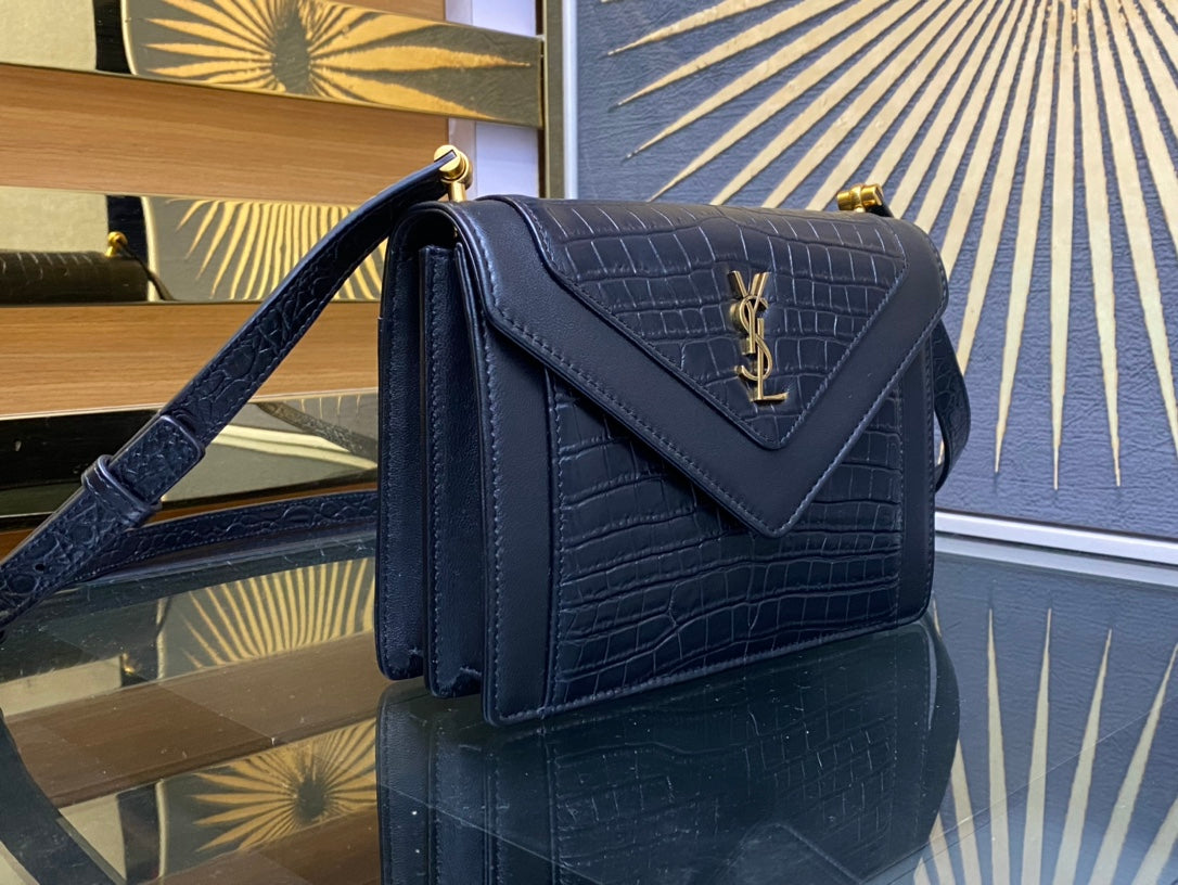 Saint Laurent Cassandra Medium Shoulder Bag in Crocodile-Embossed Leather - Black