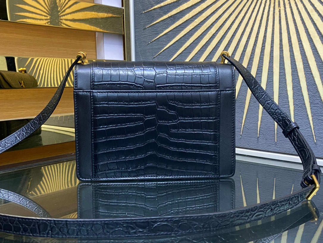 Saint Laurent Cassandra Medium Shoulder Bag in Crocodile-Embossed Leather - Black